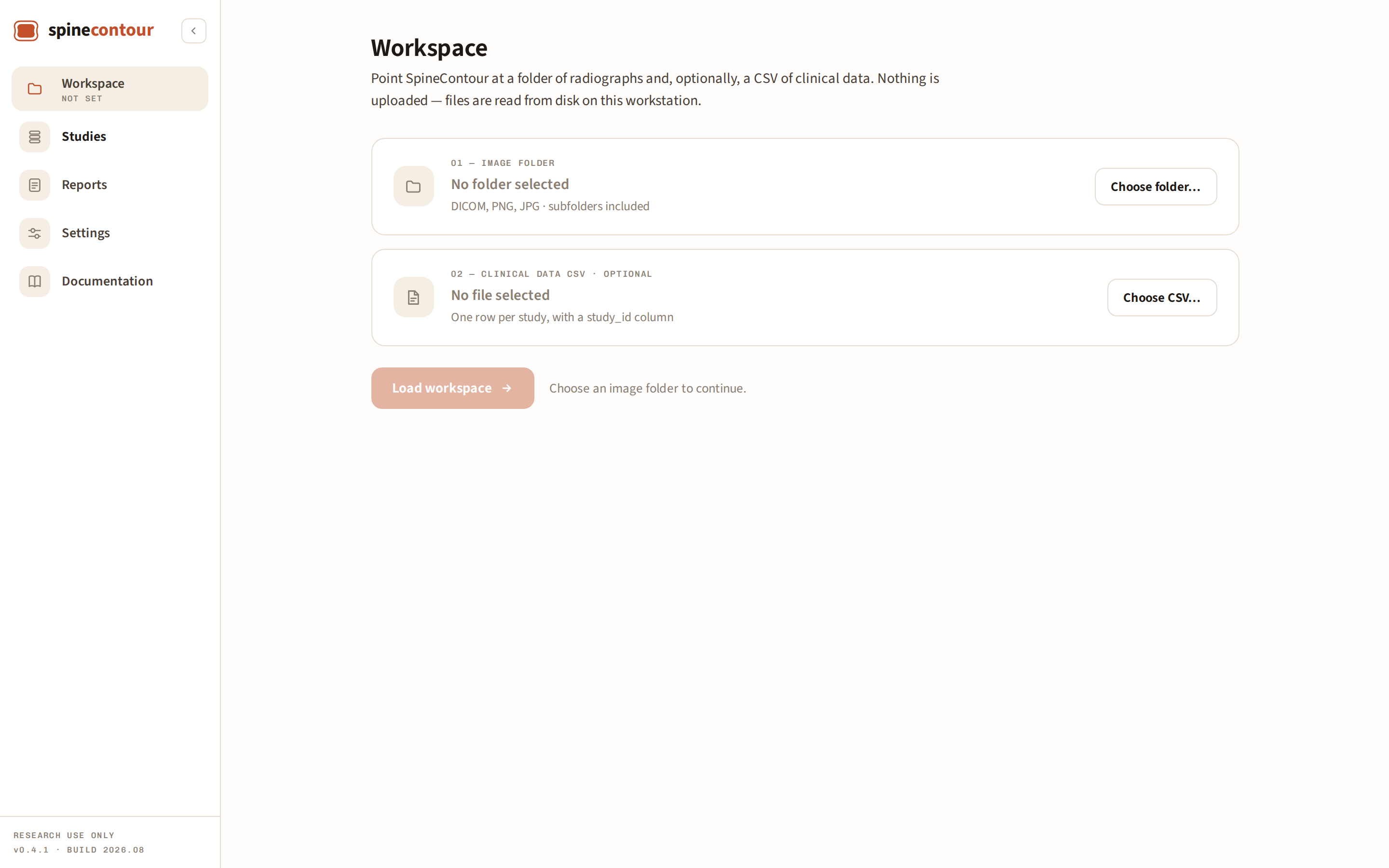 Workspace screen: image folder and clinical data CSV import steps